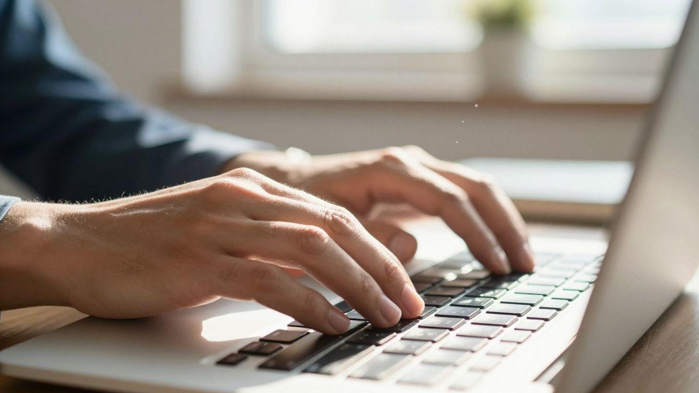 Hands typing on a laptop keyboard for lead generation.