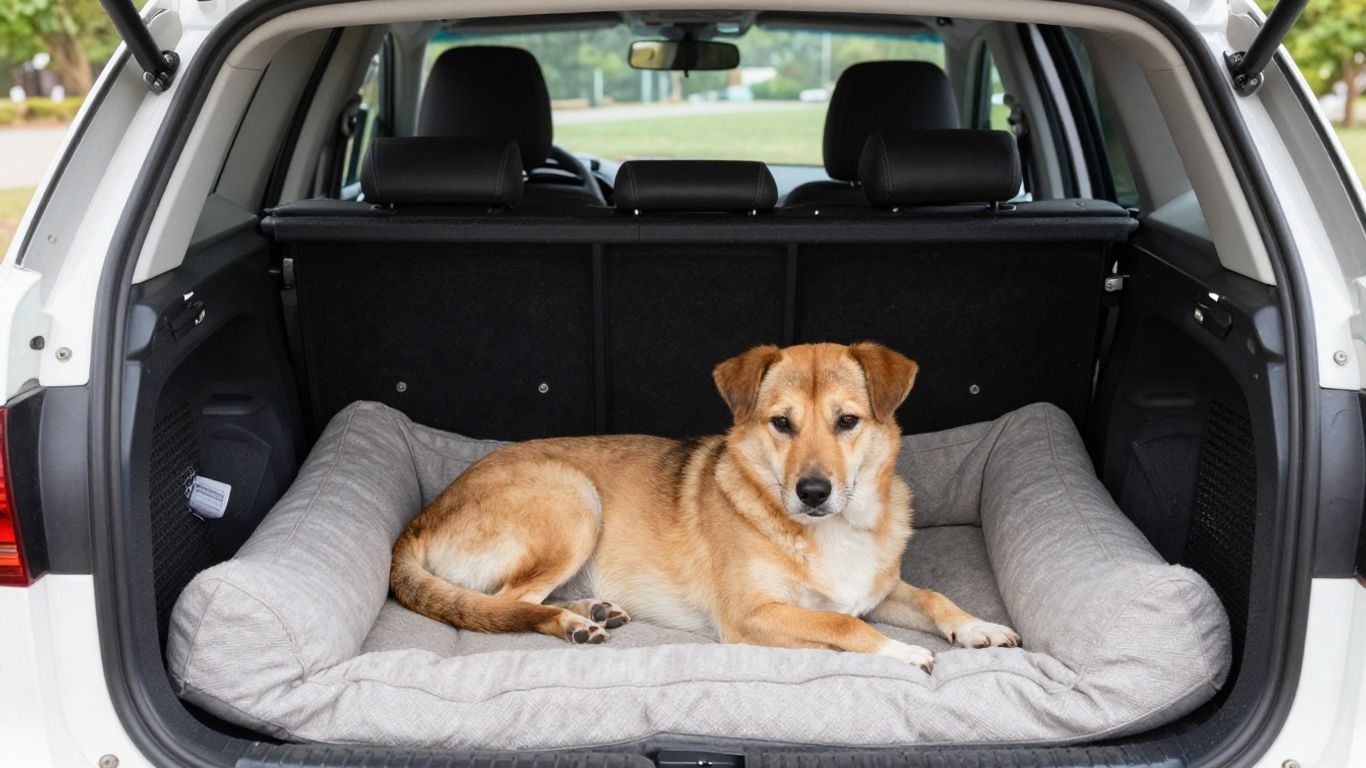 Dog resting inside kennel during travel preparation