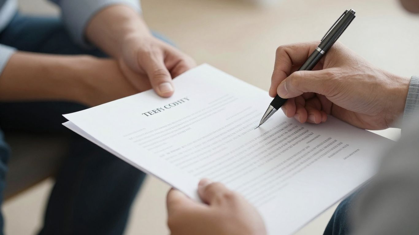 Hands signing a contract document.