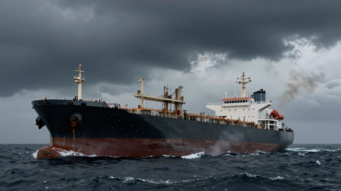 Oil tanker in rough seas with distant smoke.