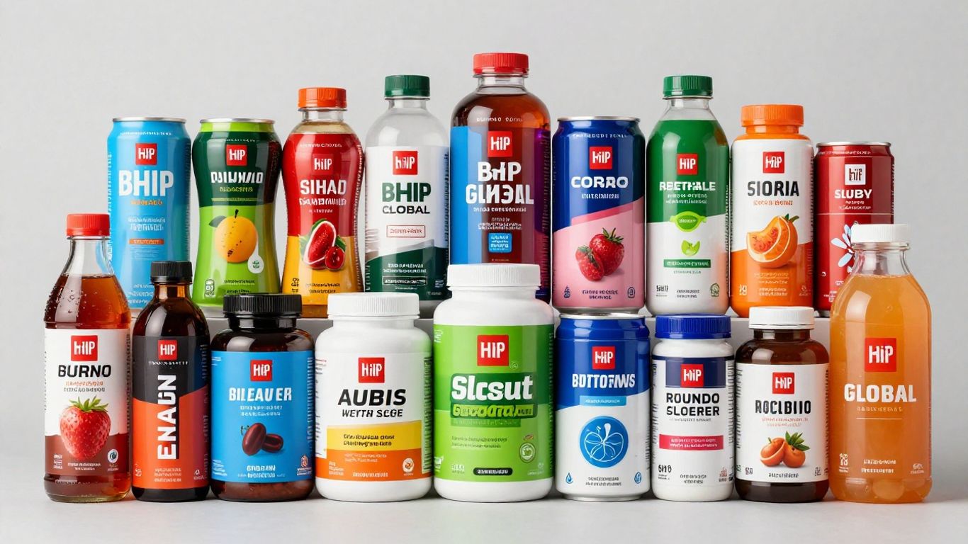bHIP Global products: energy drinks and supplements.