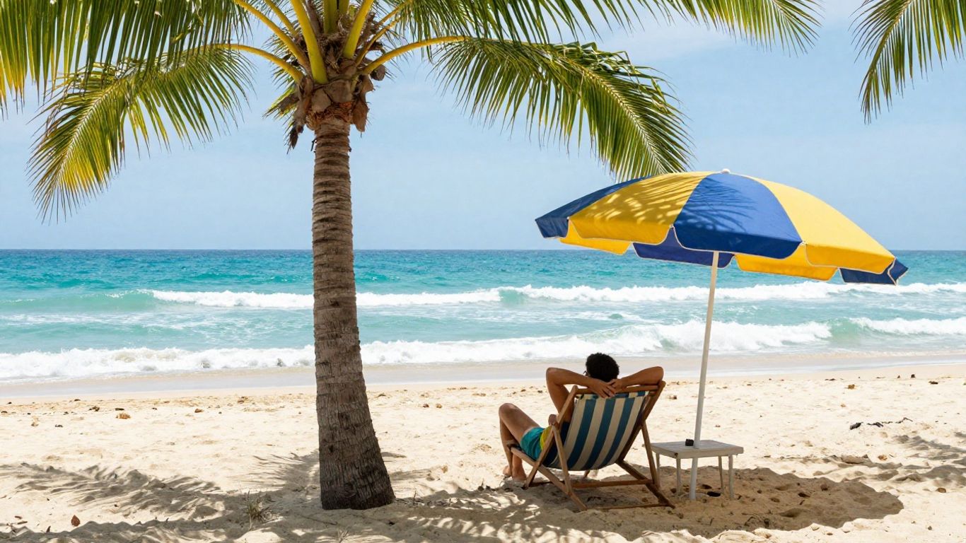 Personne se relaxant sur une plage ensoleillée avec des palmiers.