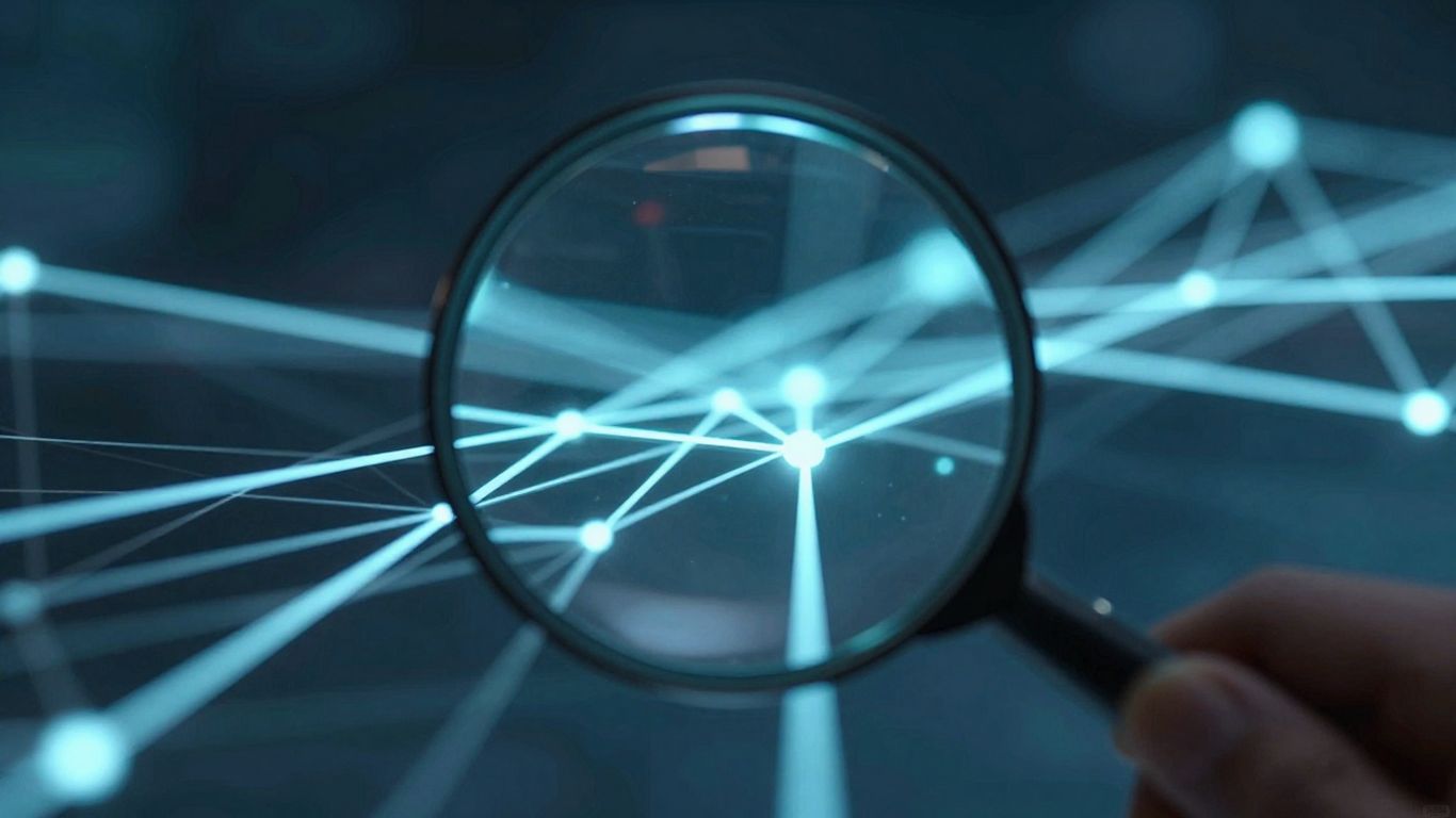 Magnifying glass analyzing digital network for competitor secrets.