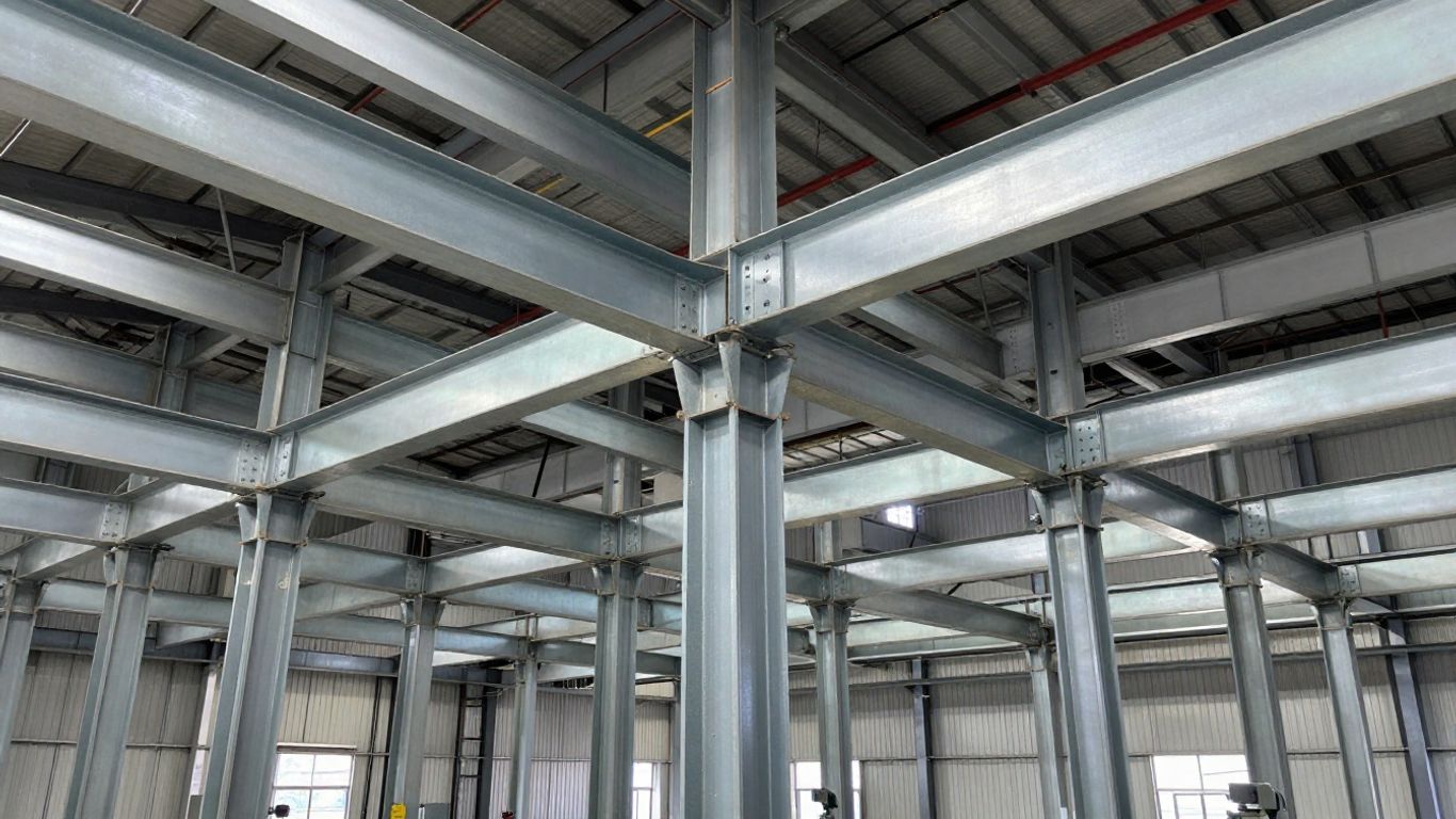 Deformed steel structure showing plastic hinges
