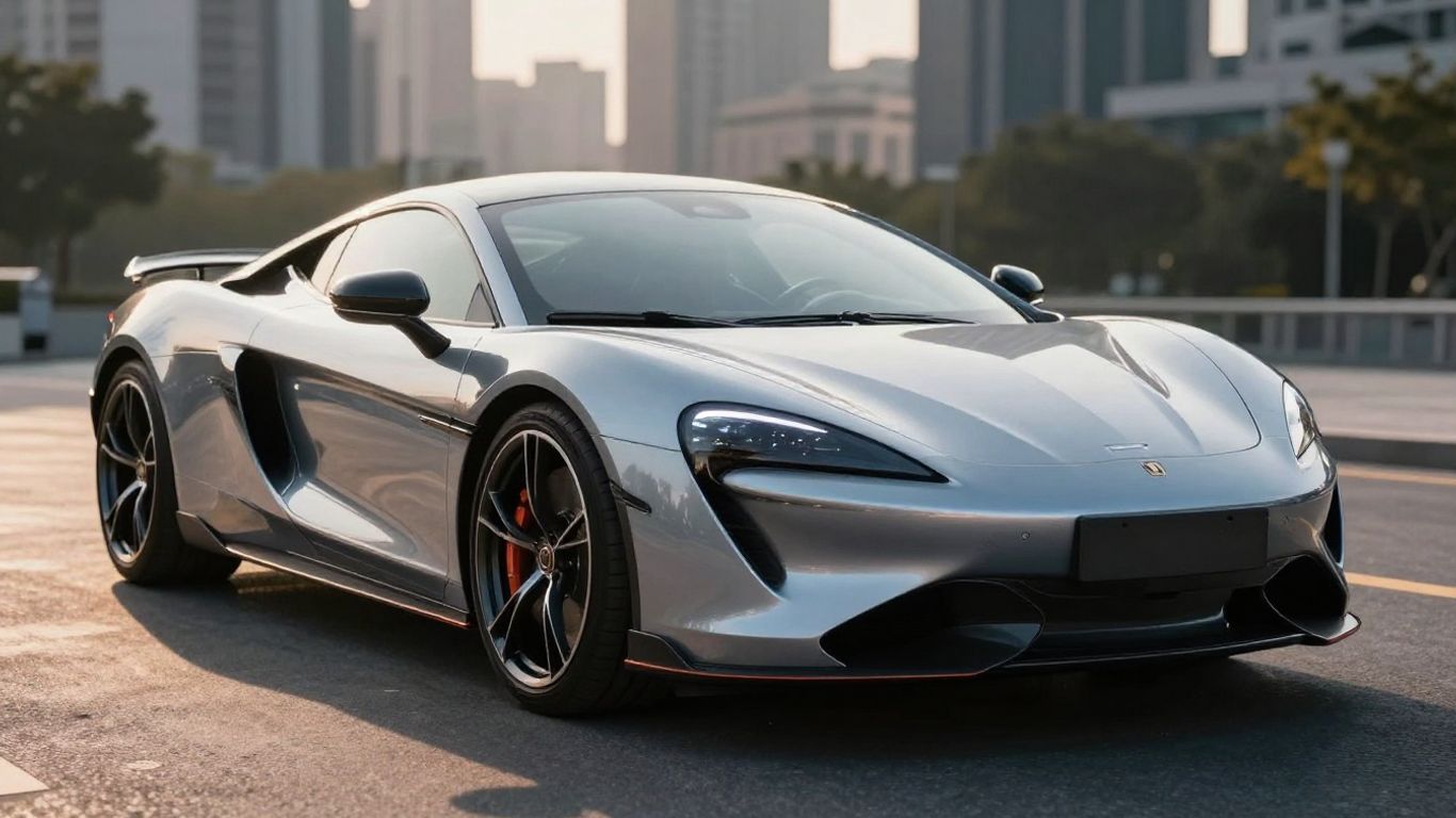 Sleek sports car with city lights in the background.