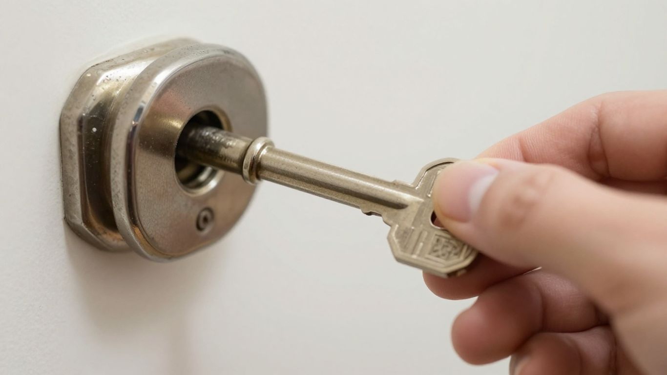 Key stuck in a door lock, hand trying to turn it.