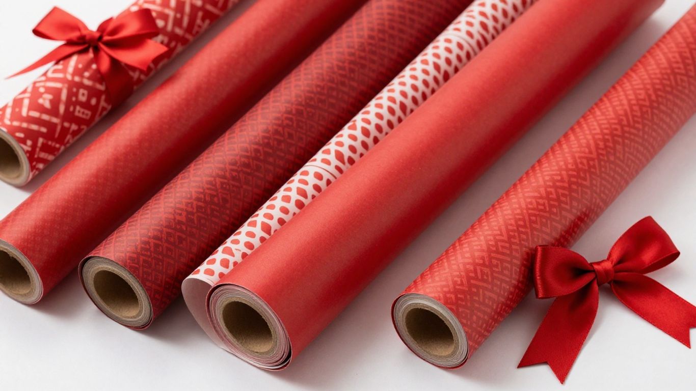 Red gift wrapping paper rolls and bows.