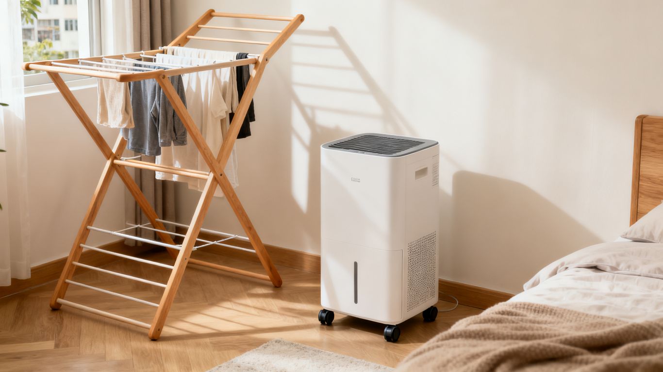 Portable dehumidifier beside a modern sleek furniture set