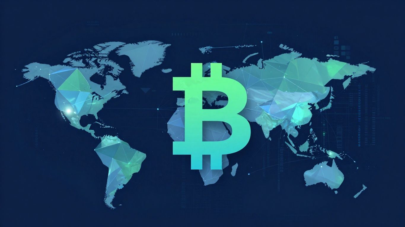 Modern crypto infographic with abstract shapes and digital patterns.