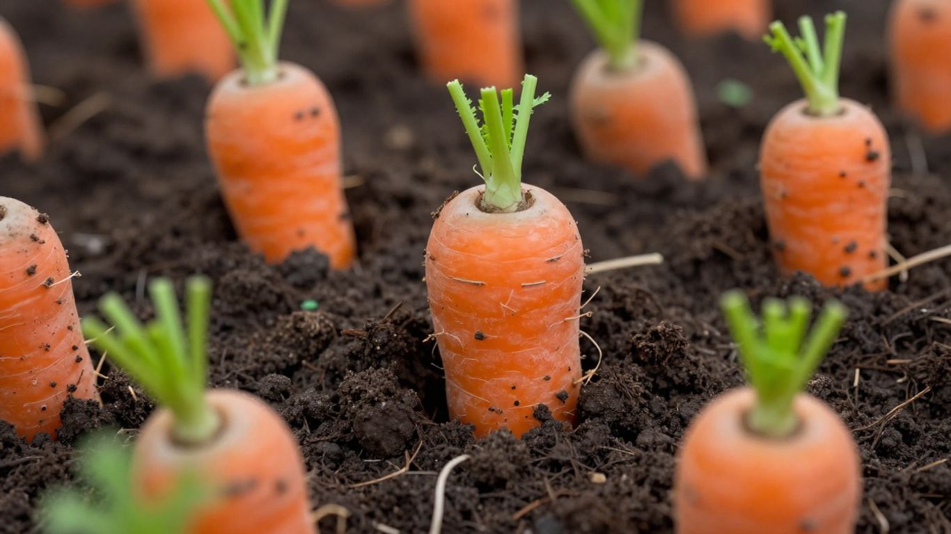 Frische Möhrenwurzeln wachsen im Boden.