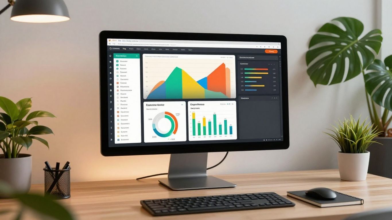 A clean organized workspace with digital dashboards on screens