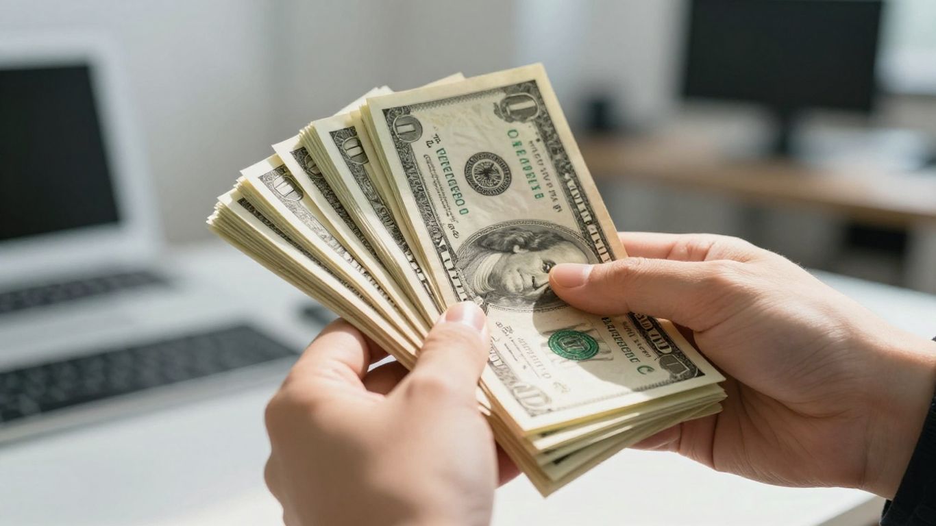 Money stack with office background