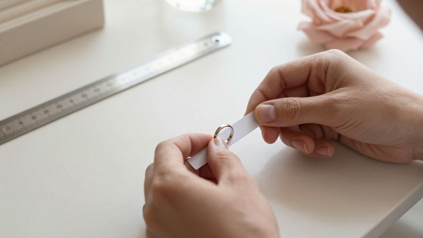 Hands measuring a ring finger with a sizer