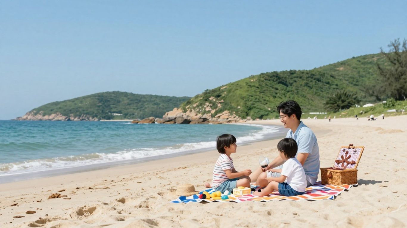 Family enjoying a sunny August beach break in the UK.