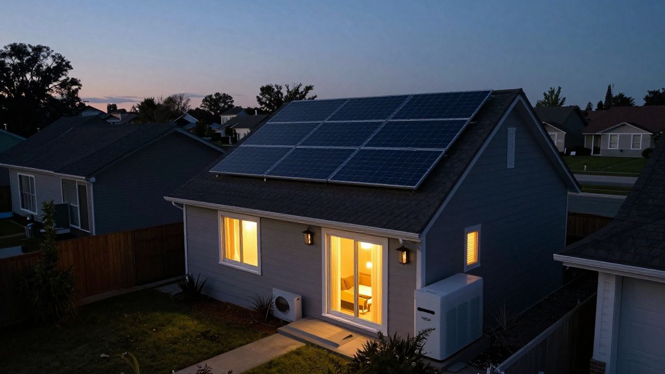 House with solar panels and battery during a blackout.