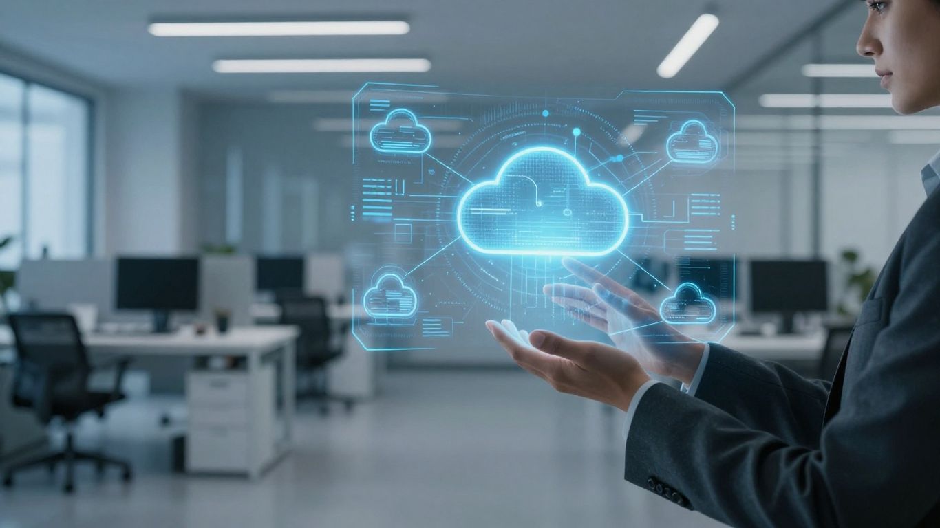 SaaS management automation interface with digital clouds.