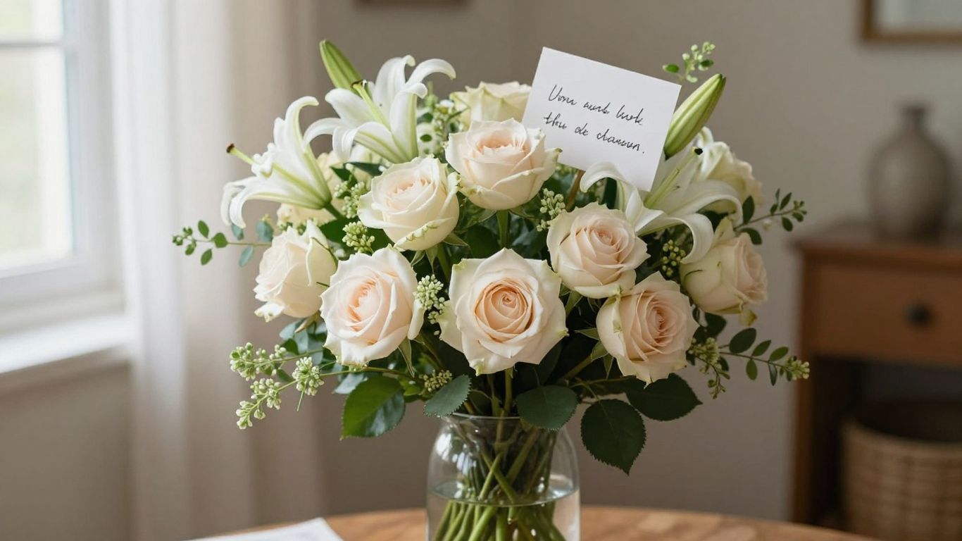 Soft apology bouquet in a bright room