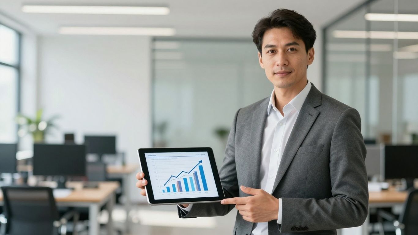 Business professional presenting strategy with upward trend data.