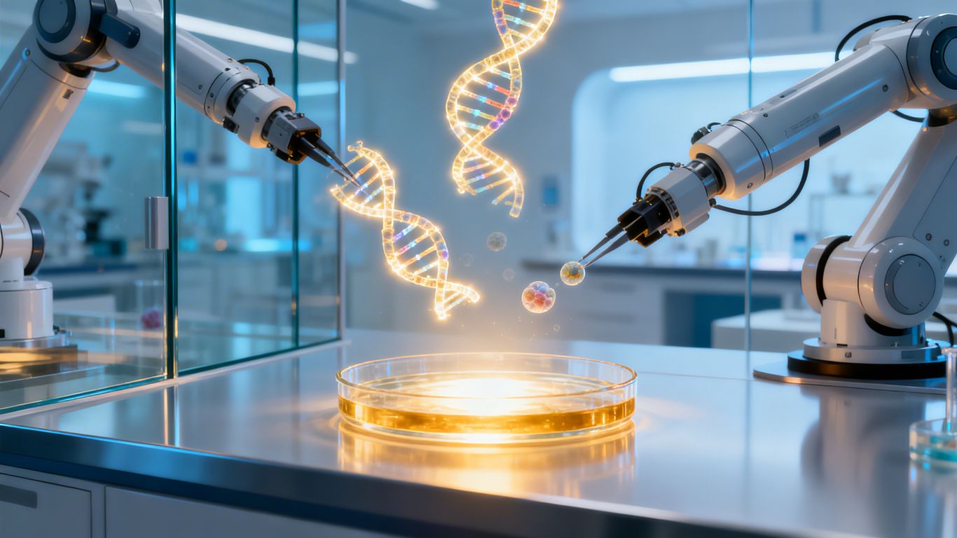 AI in medicine, DNA, robotic arms, microscopic cells, breakthrough cure.