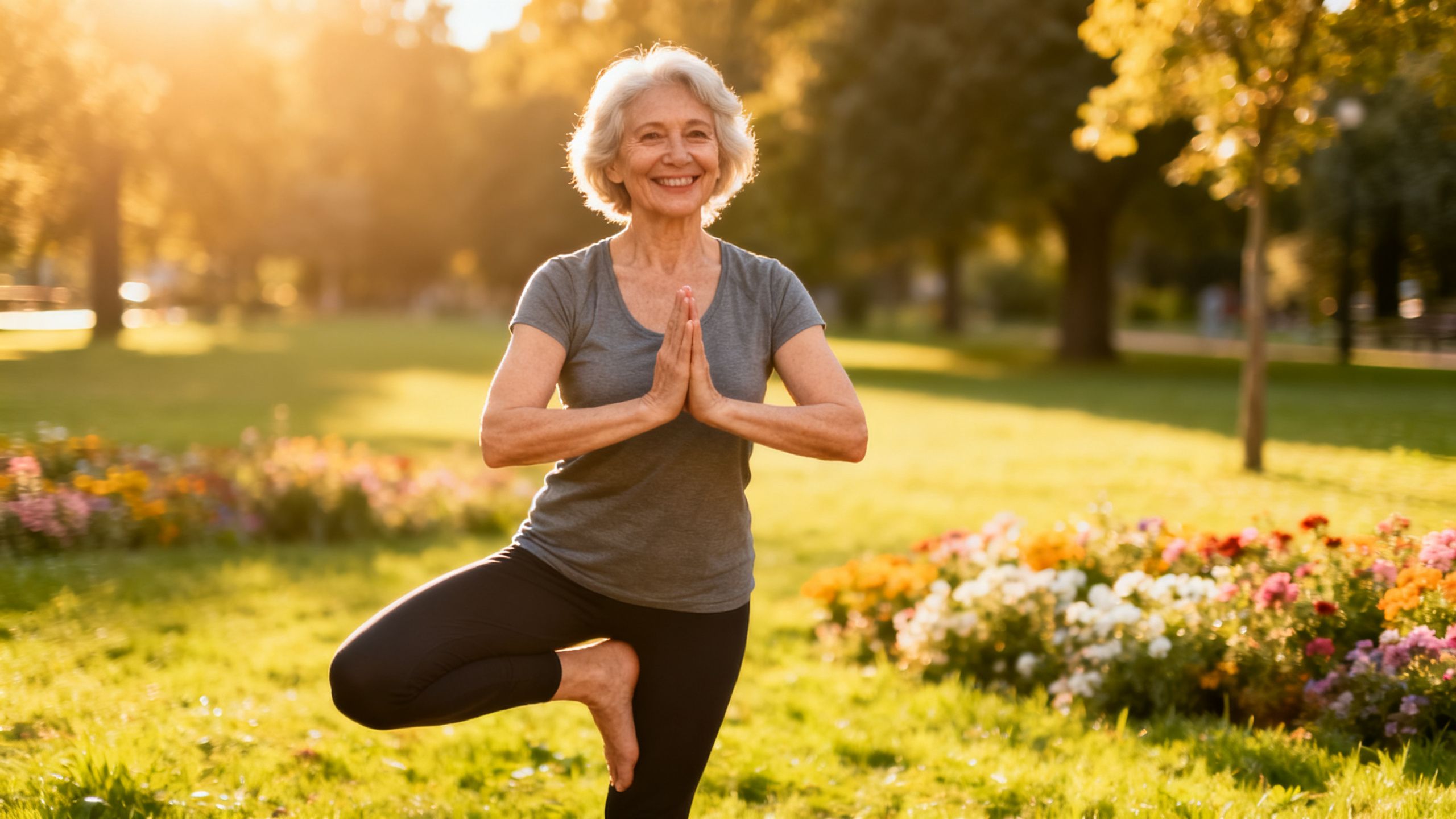 Une femme senior souriante et active faisant du yoga dans un parc ensoleillé, symbolisant un vieillissement sain et actif.