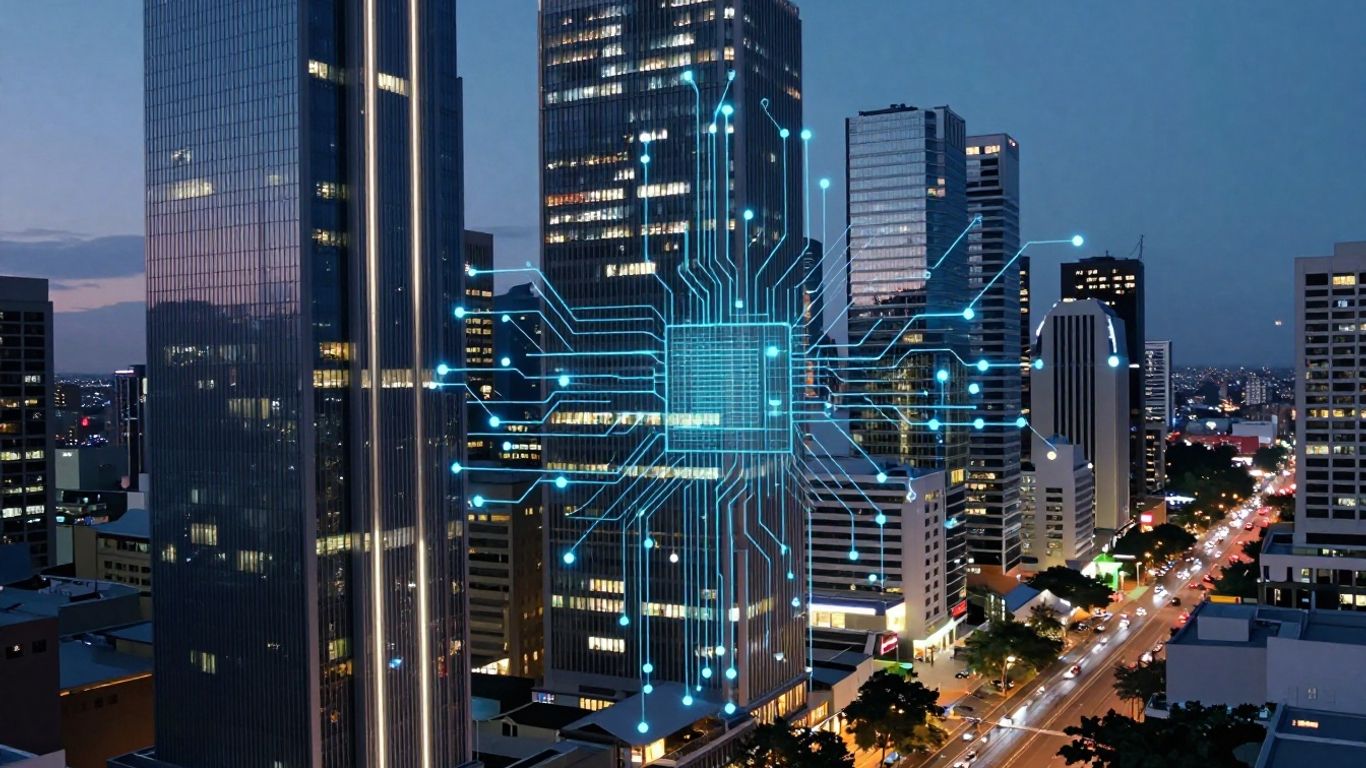 Australian city skyline with digital AI circuits overlay.