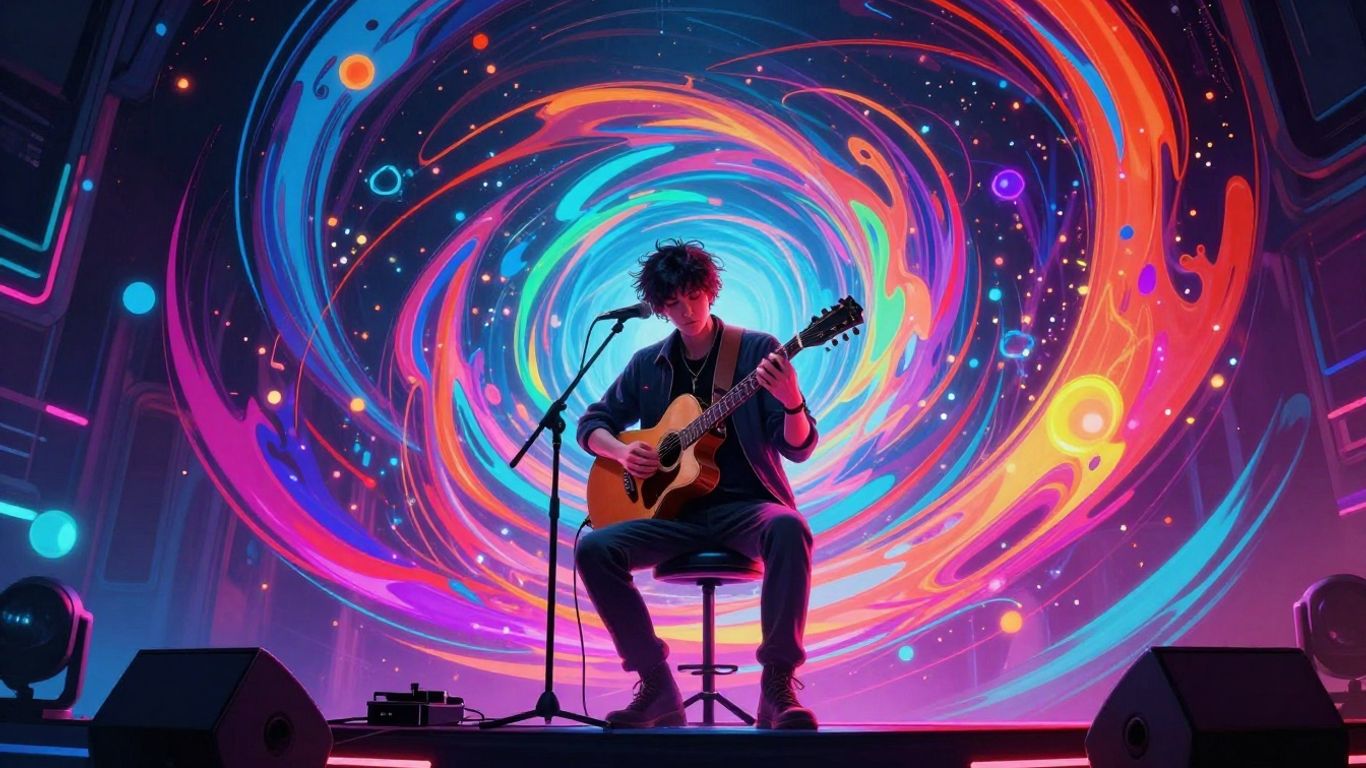 Musician performing on a futuristic stage with AI visuals.