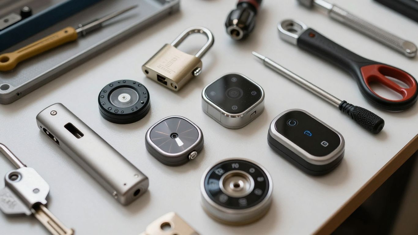 Various security locks and locksmith tools for home protection.