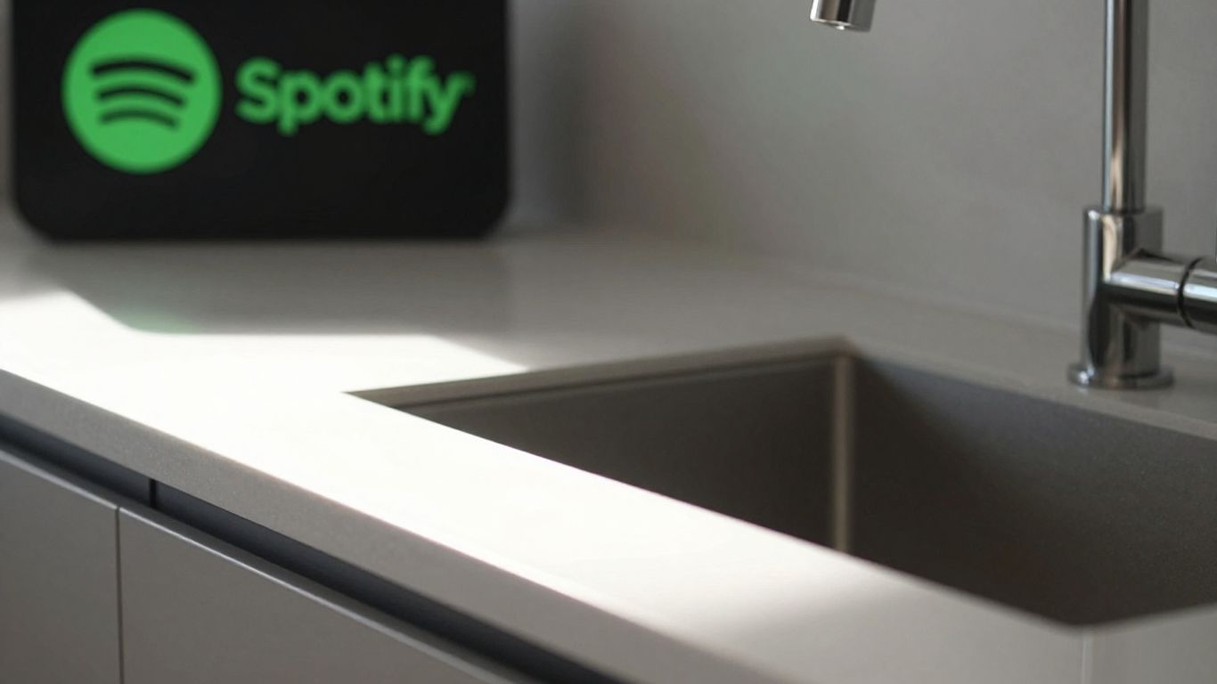 Kitchen countertop with Spotify logo in background.