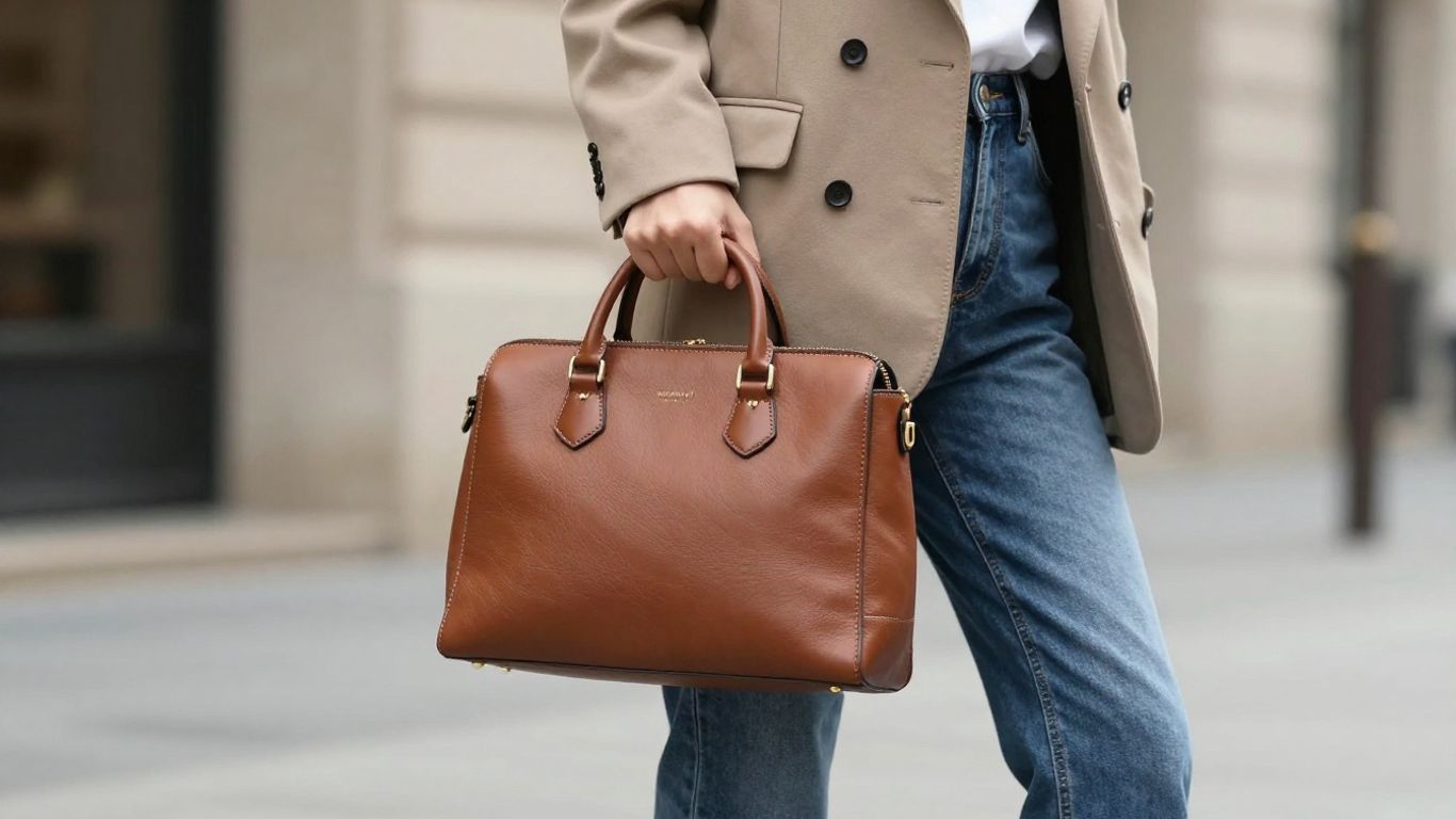 Woman holding a brown leather satchel bag.