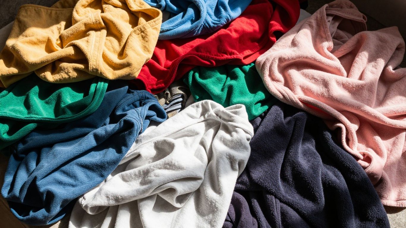 Colorful clothes pile, new and faded fabrics, sunlight.