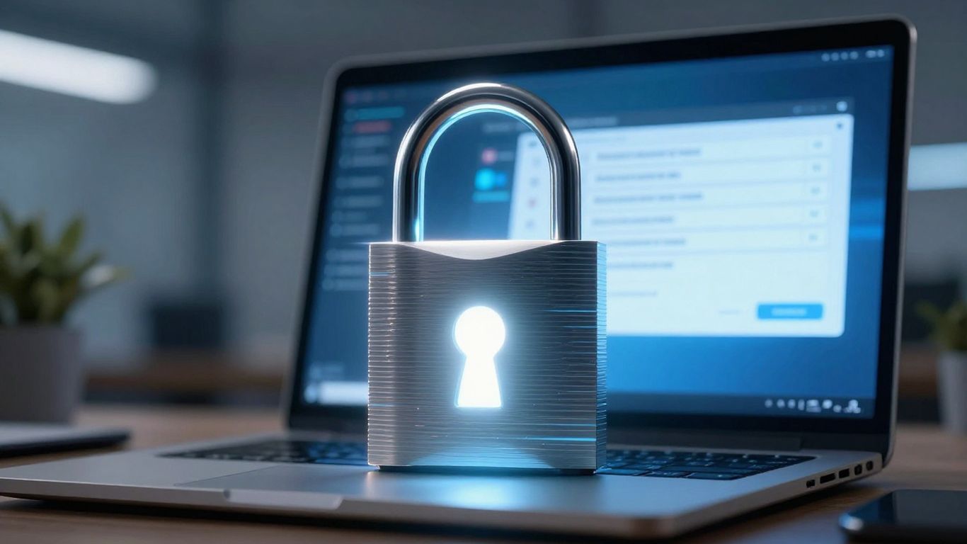 Digital padlock protecting computer screen with approved applications list.