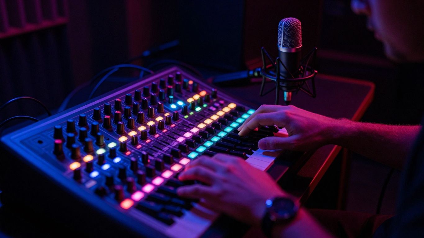 Hands creating music on studio equipment.