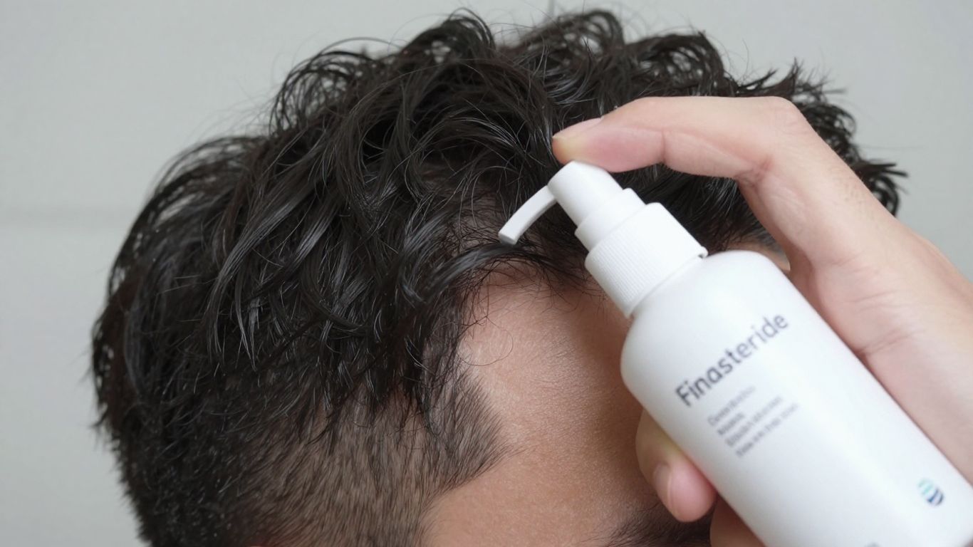 Man applying topical finasteride spray for hair loss.