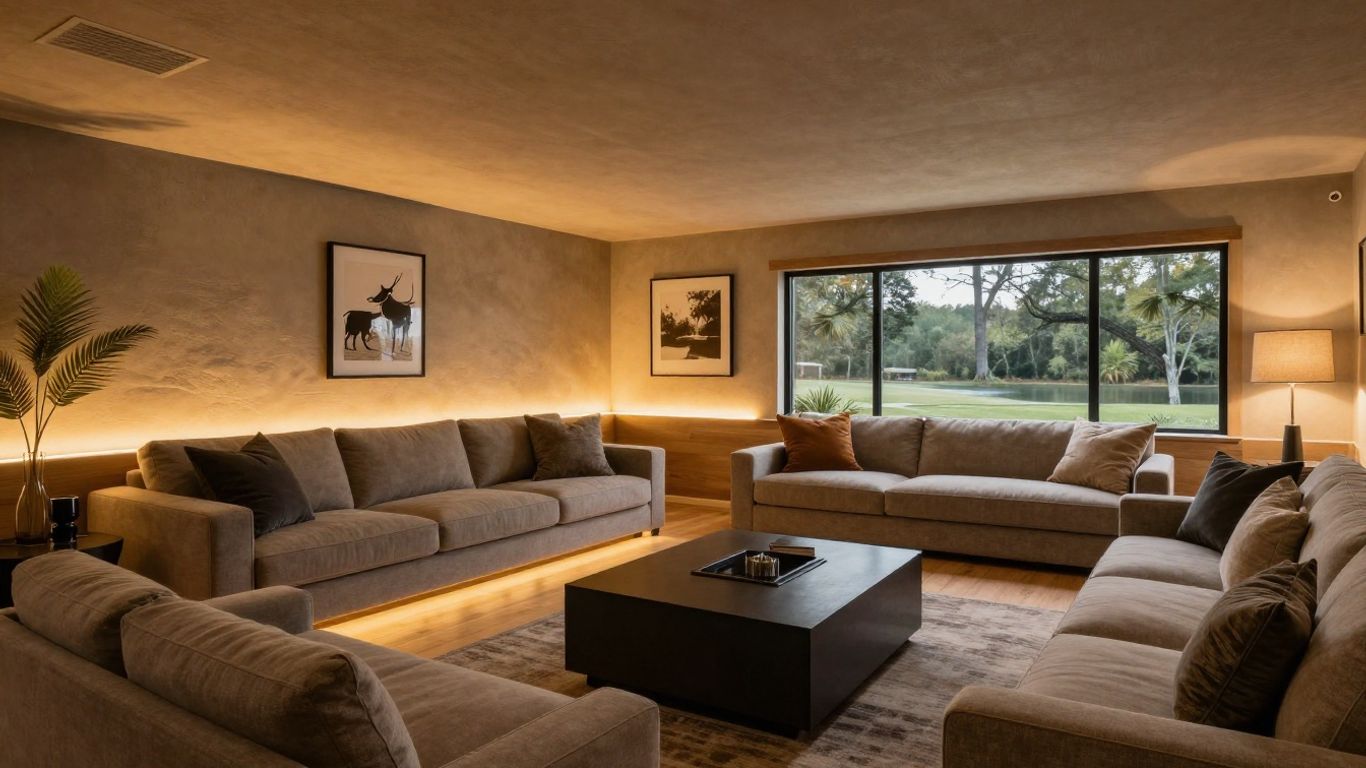 Finished basement living area in Berkeley Lake, Georgia.