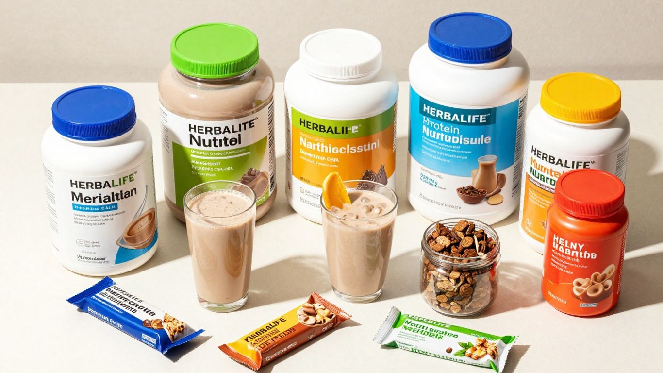 Herbalife protein, snacks, and healthy treats product arrangement.