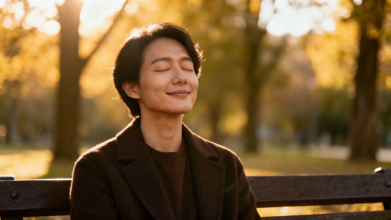 Person meditating peacefully outdoors.