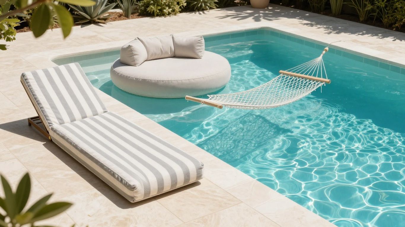 Fabric pool loungers resting beside a clear backyard pool