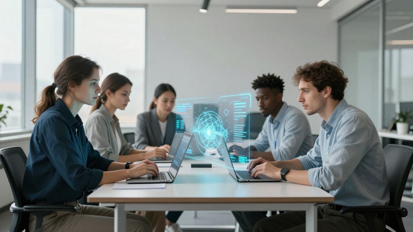 Équipe travaillant avec l'IA dans un bureau moderne.