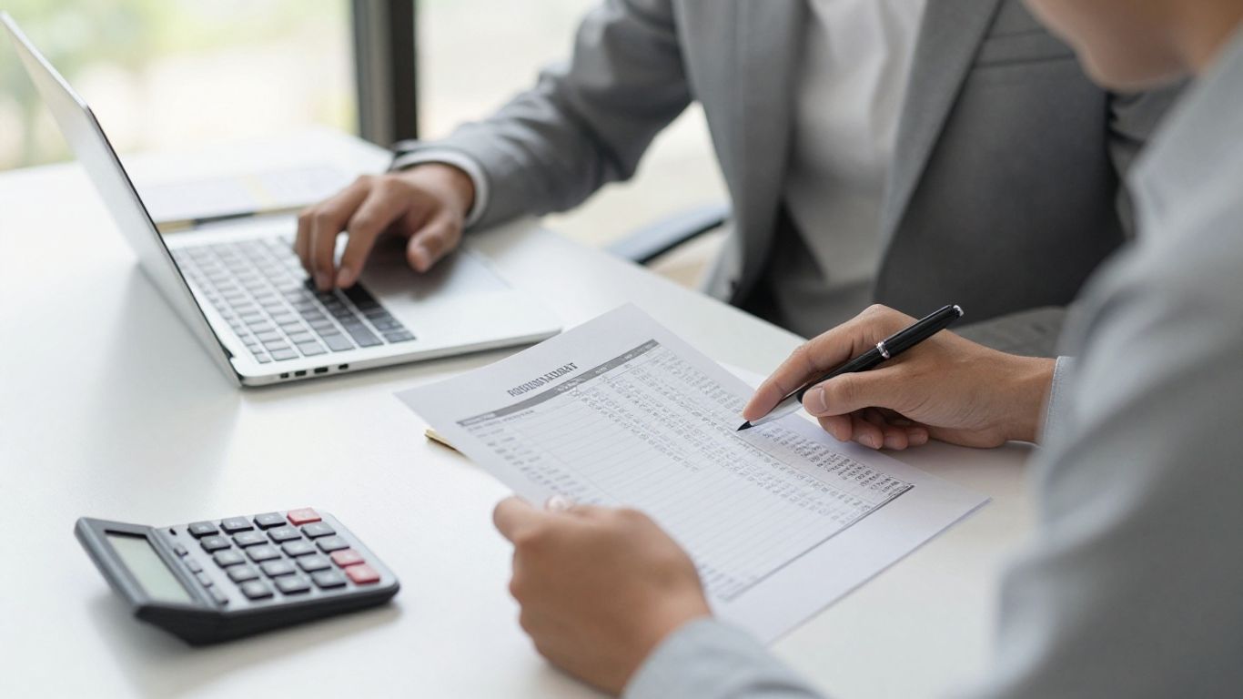 Finance professional reviewing a bank statement beside a laptop