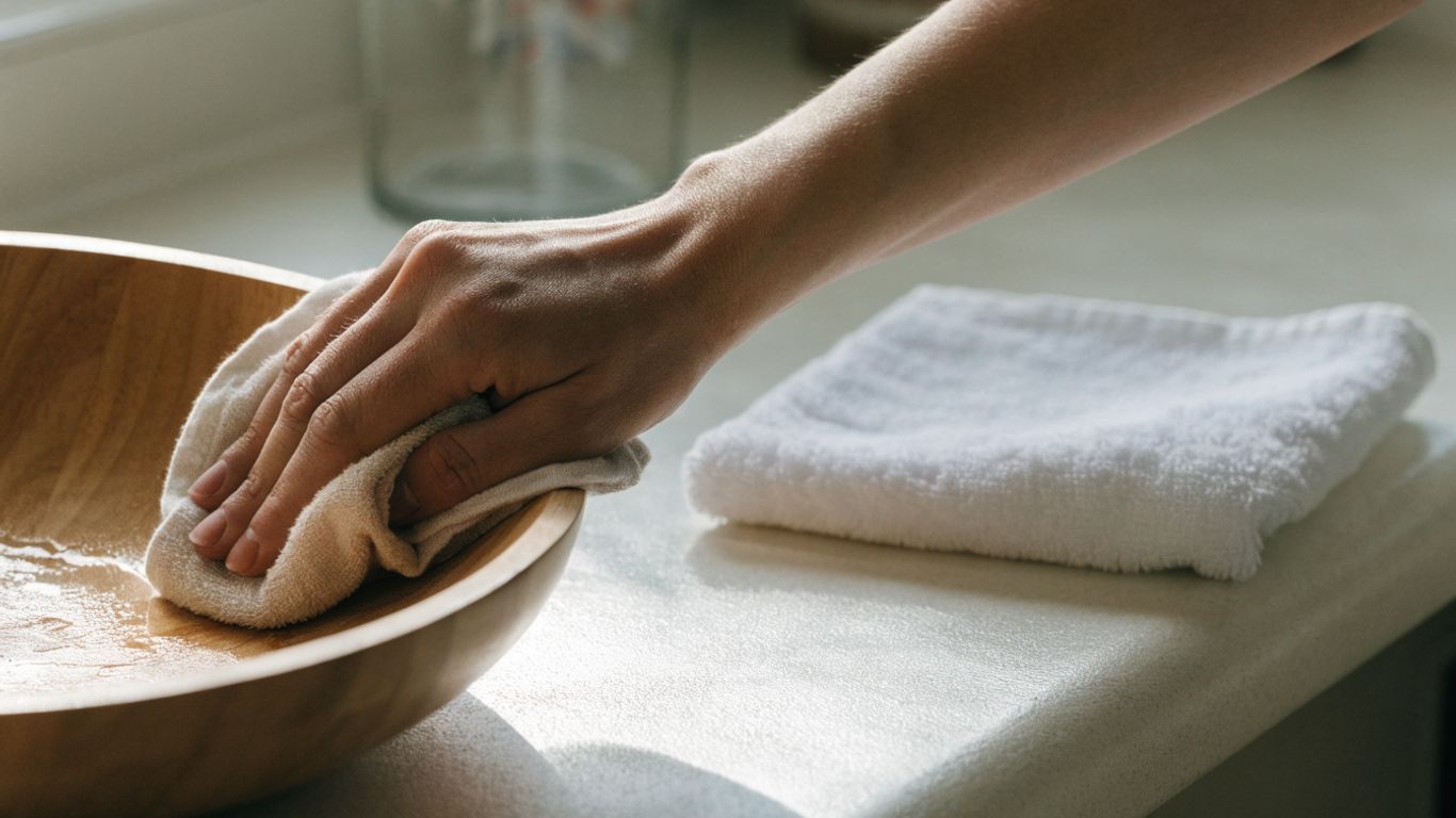 Soft cloth wiping dressing from a wooden salad bowl
