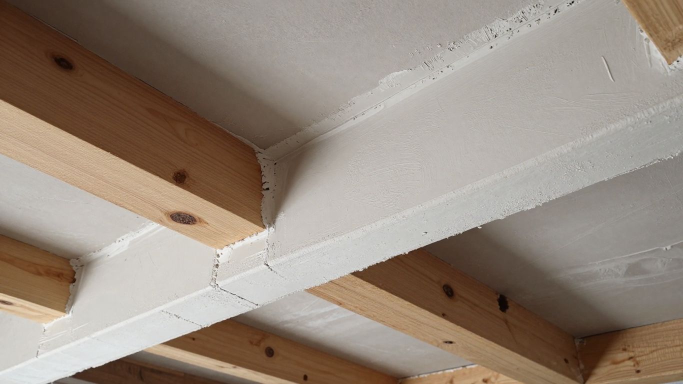 Plastering around exposed ceiling beams and joists.