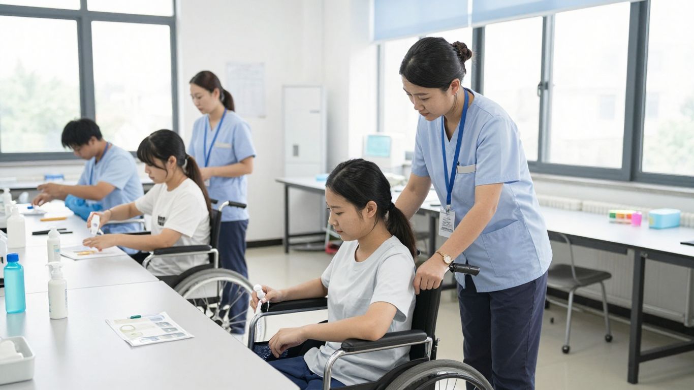 Students practicing CNA skills in a bright training lab