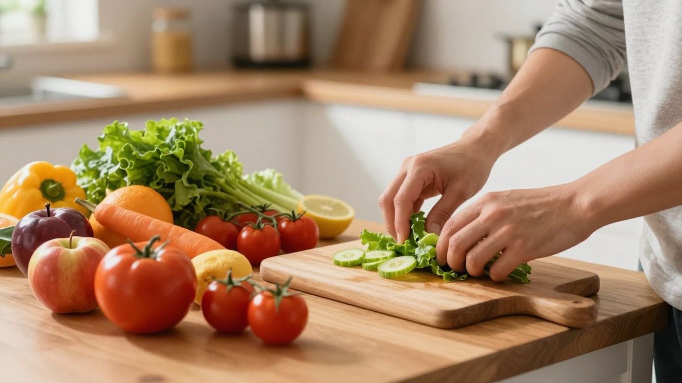 Pessoa preparando comida saudável em cozinha iluminada.