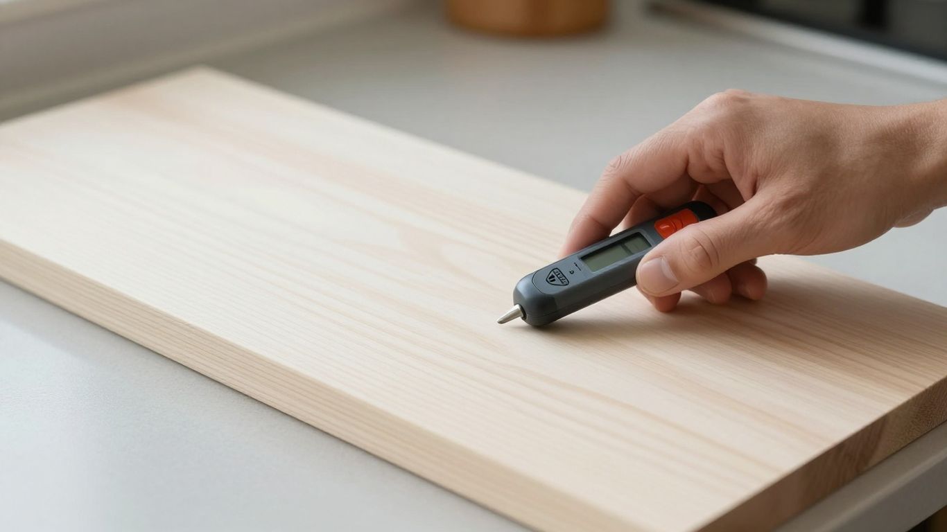 Moisture meter checking a pale maple board