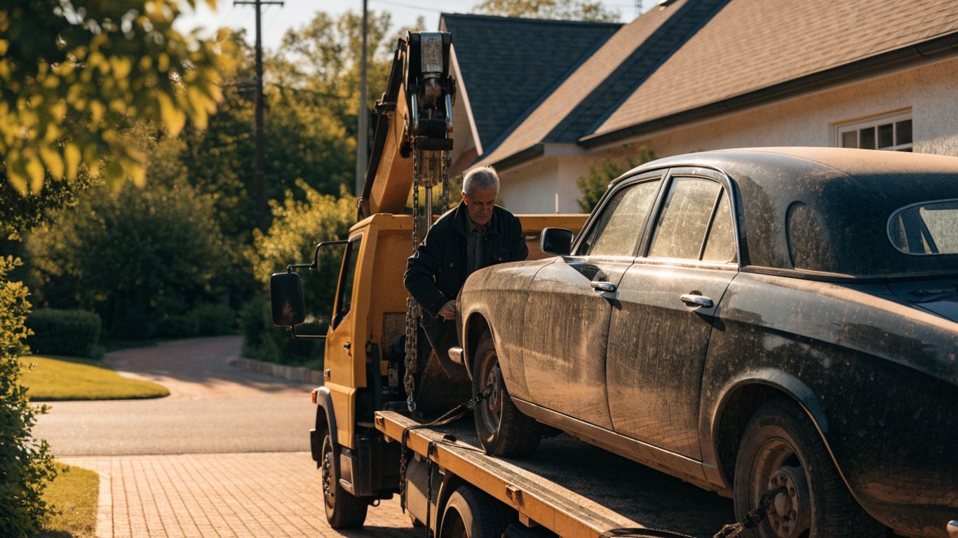 Recovery truck loading an older vehicle near a residential driveway
