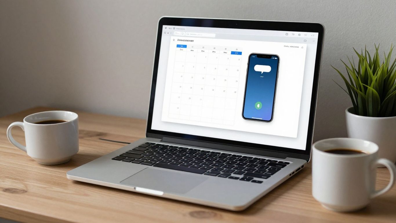 Desk with laptop and phone showing out of office notifications.