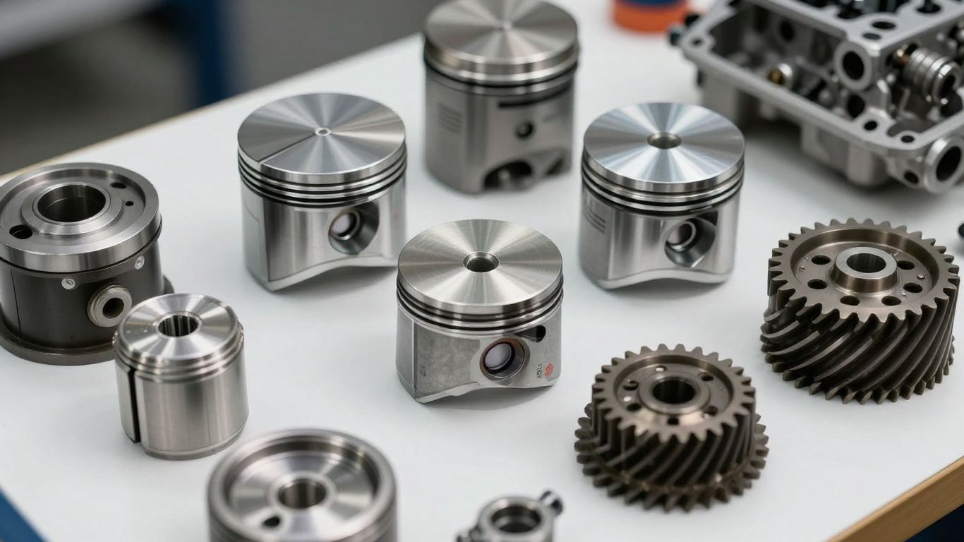 Engine parts laid out for selection.