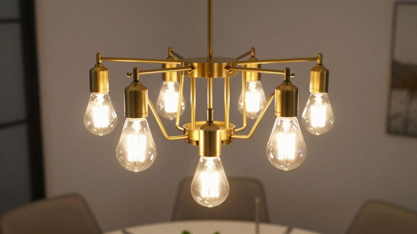Brass industrial chandelier with exposed bulbs over dining table.