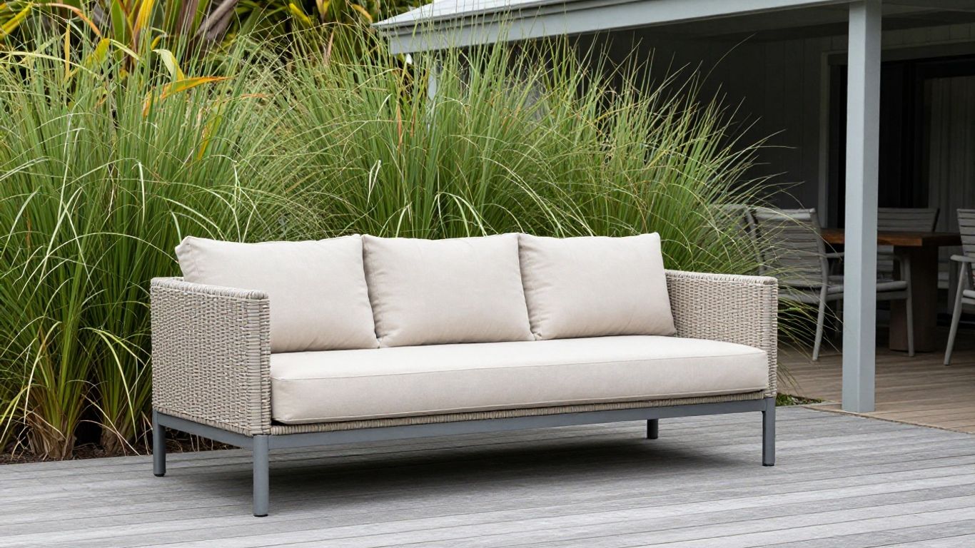 Weather-ready outdoor sofa on deck
