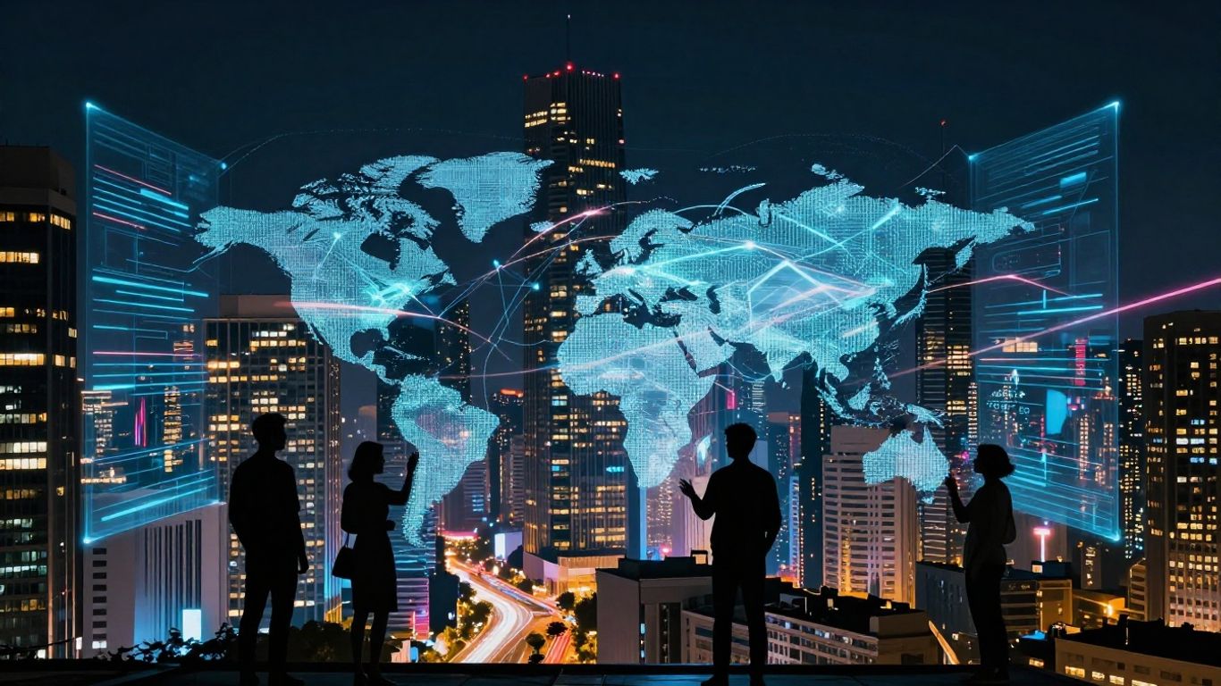 Digital cityscape with glowing network streams and people.